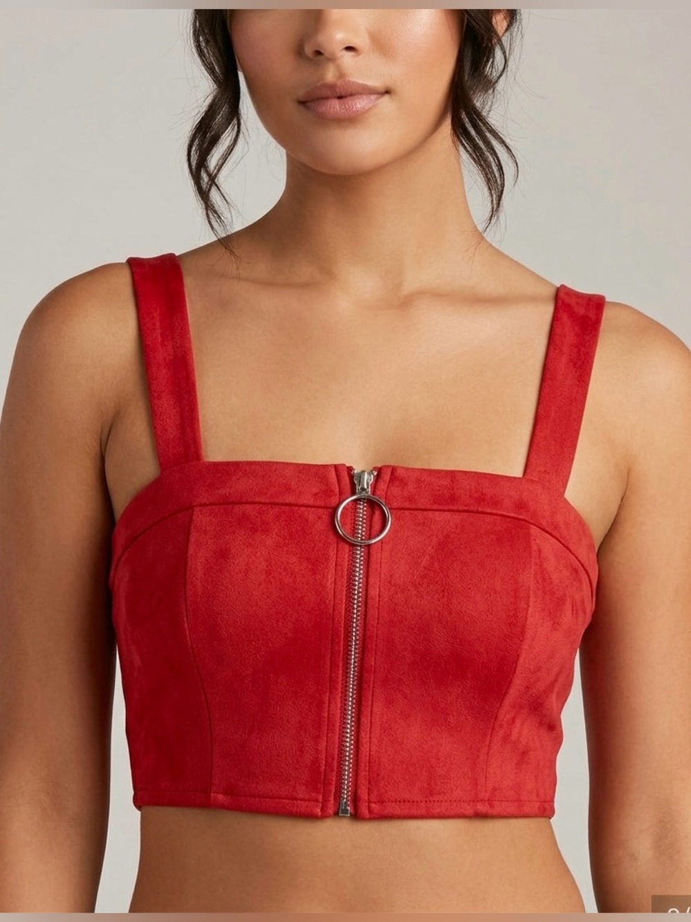 SEEK The Label Faux Suede Crop Top Red Front Zip Bustier Blouse Women's Size S